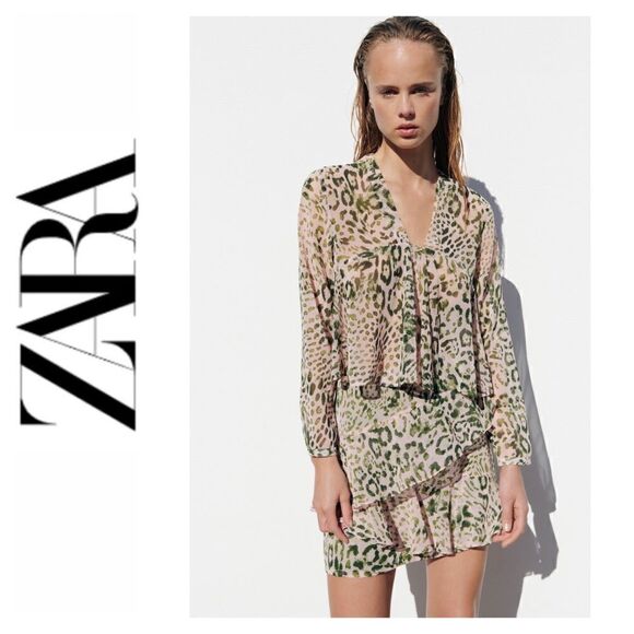 NWT Zara High Waisted Animal Print Fabric Ruffles Mini Skirt with Frills, Small - Picture 1 of 16